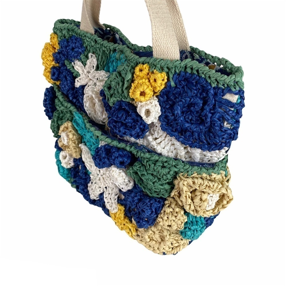 Vintage Woven Satchel Bag Purse Straw Floral Multi Colored Blue White So Cute - Picture 4 of 9